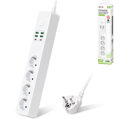 Zapatilla Alargue 2 Metros 4 Schuko 3000W 4 USB A y 2 USB C