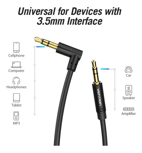 Cable Audio Stereo 1,5 Mts. Auxiliar Mini Plug 3,5 90° Venti